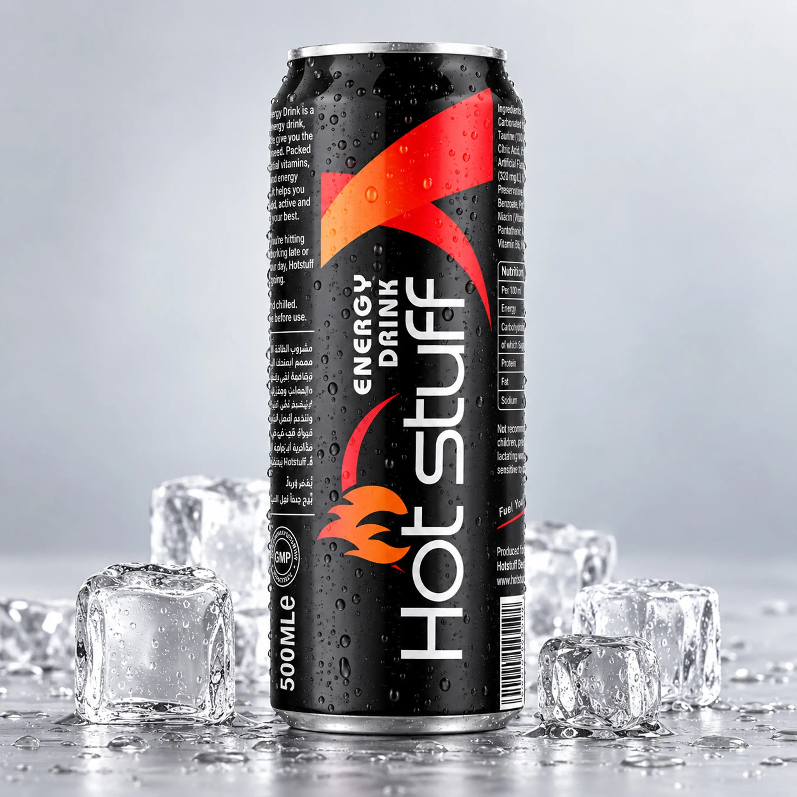 Hot Stuff Energy Drink 500ml black and red can.